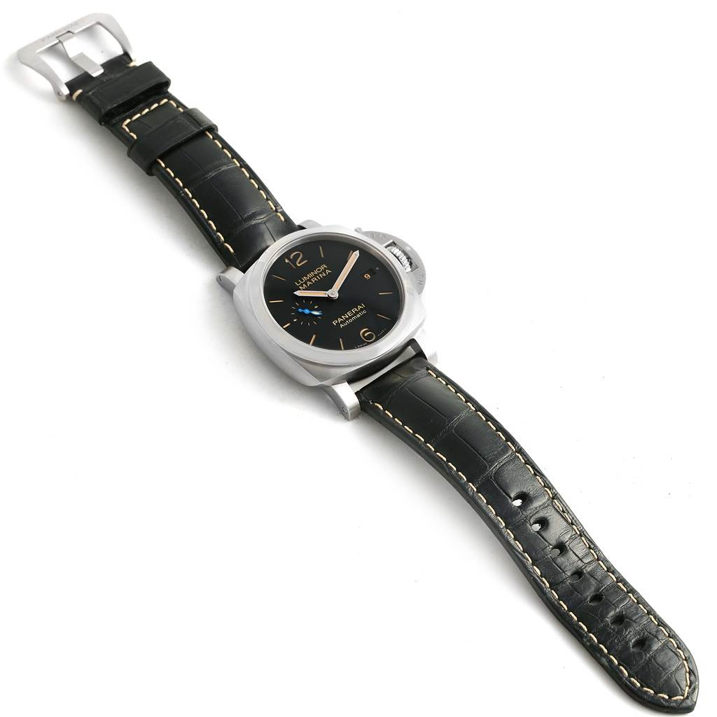 The image shows a Panerai Luminor PAM01392 Men
s Stainless Steel Black Dial PAM01392 Men
s Stainless Steel Black Dial watch angled slightly to the left, highlighting its face, case, crown guard, and black leather strap.