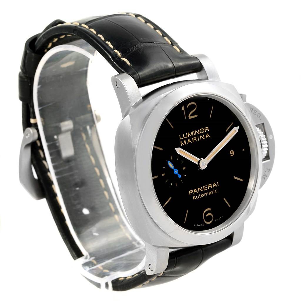 The image shows a Panerai Luminor PAM01392 Men
s Stainless Steel Black Dial PAM01392 Men
s Stainless Steel Black Dial watch at a three-quarter angle, highlighting the dial, case, crown, and black leather strap.