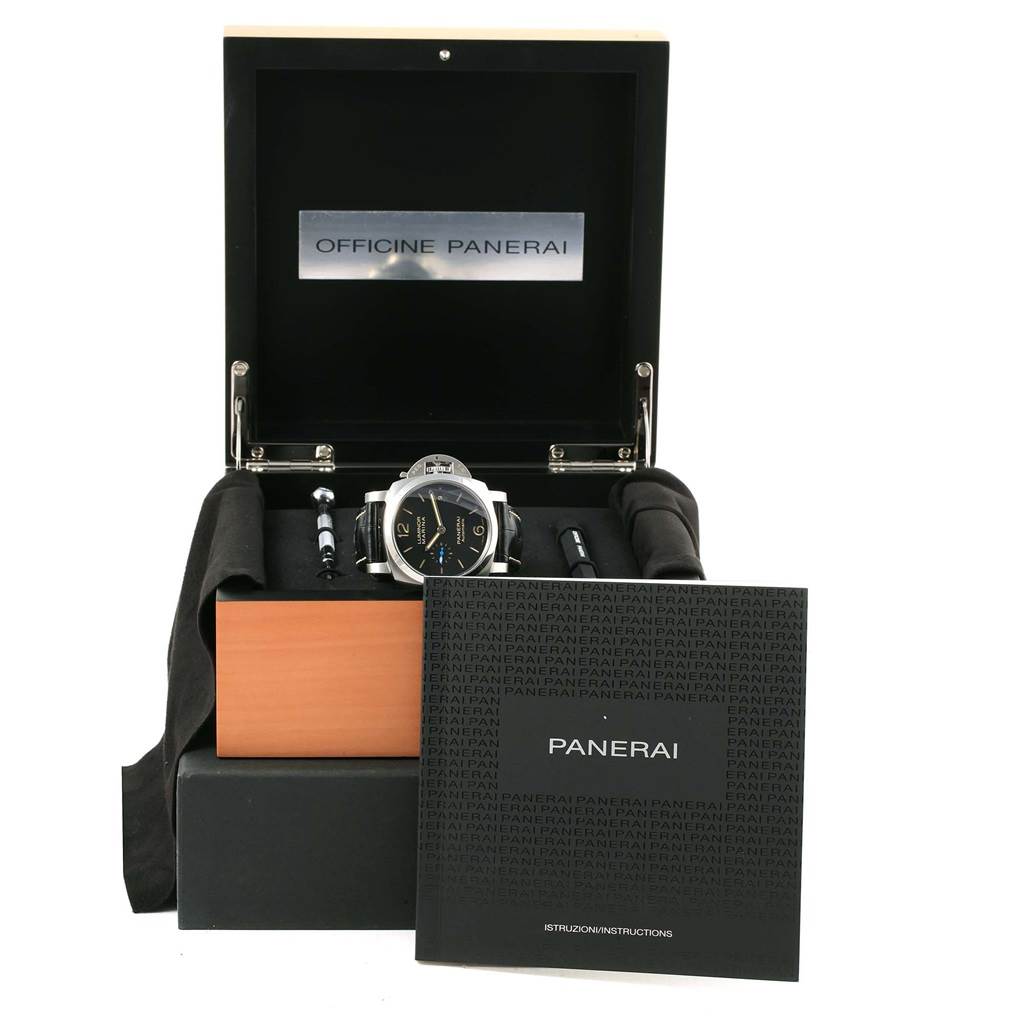 This image shows a Panerai Luminor PAM01392 Men
s Stainless Steel Black Dial PAM01392 Men
s Stainless Steel Black Dial watch in a presentation box with accessories, viewed from the front.