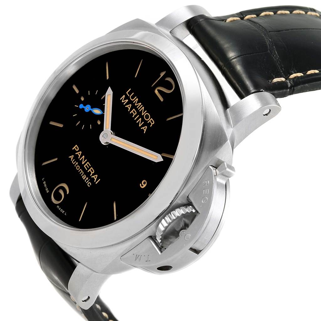 The image shows a Panerai Luminor PAM01392 Men
s Stainless Steel Black Dial PAM01392 Men
s Stainless Steel Black Dial watch at an angled close-up, highlighting the dial, crown guard, and part of the strap.