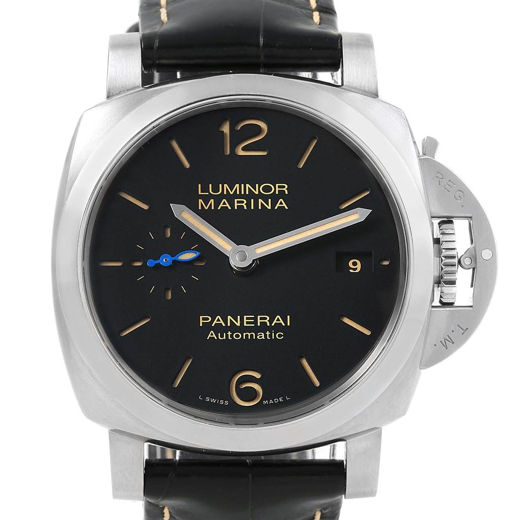 The image shows a front view of a Panerai Luminor PAM01392 Men
s Stainless Steel Black Dial PAM01392 Men
s Stainless Steel Black Dial model watch, displaying the dial, hands, and crown guard.