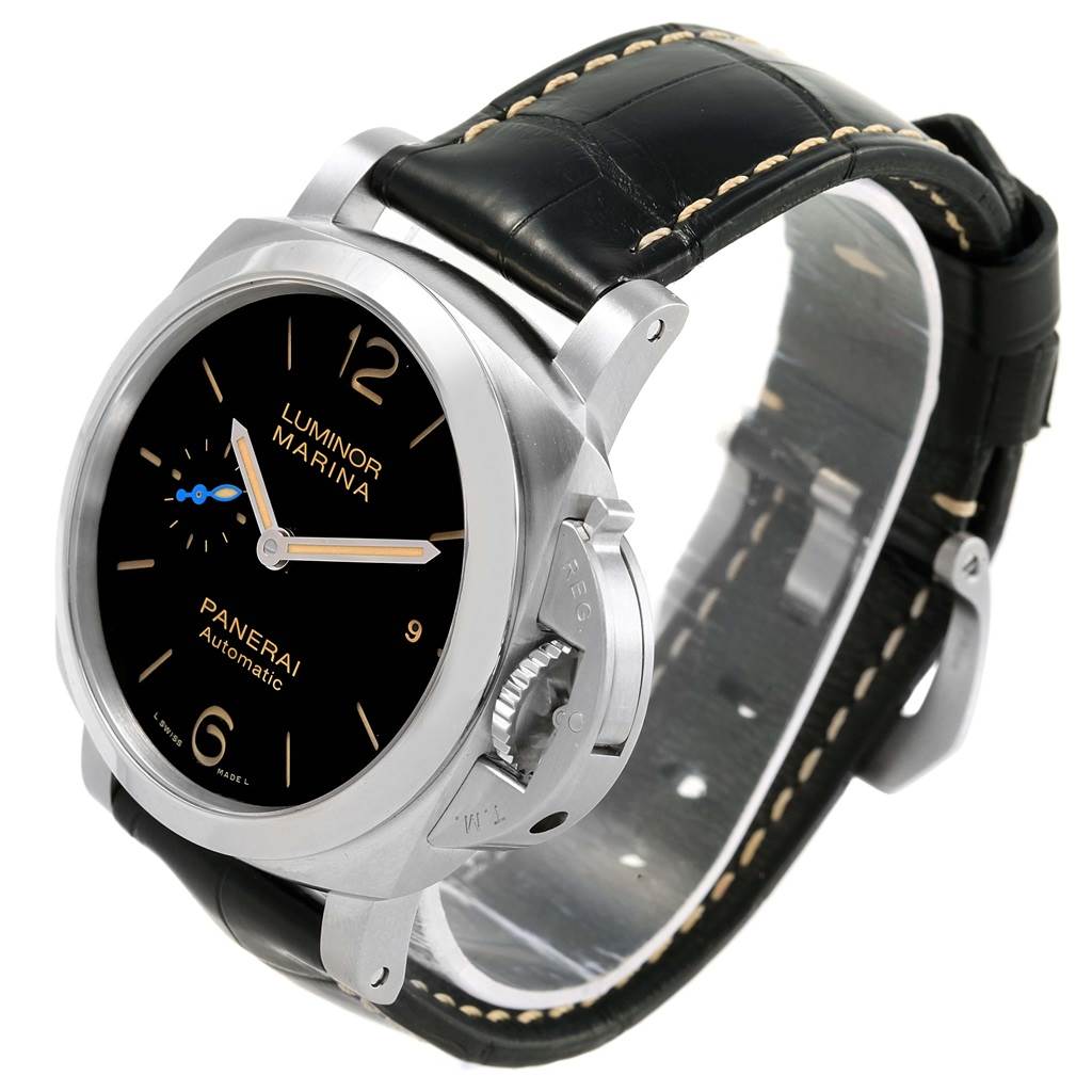 The image shows a Panerai Luminor PAM01392 Men
s Stainless Steel Black Dial PAM01392 Men
s Stainless Steel Black Dial model watch angled from the front-left, displaying the face, crown guard, and black leather strap.