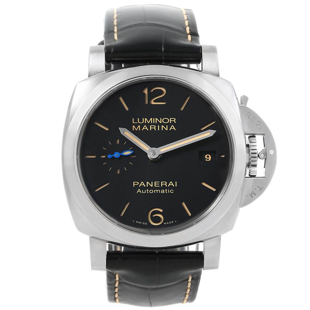 The image shows a front view of a Panerai Luminor PAM01392 Men
s Stainless Steel Black Dial PAM01392 Men
s Stainless Steel Black Dial Marina watch, highlighting the dial, case, strap, and crown guard.