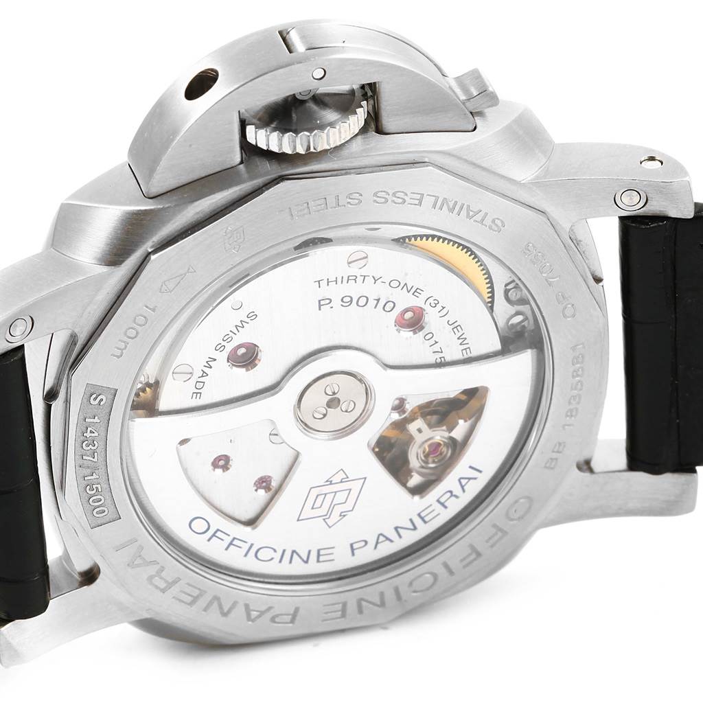 The image shows the back side of a Panerai Luminor PAM01392 Men
s Stainless Steel Black Dial PAM01392 Men
s Stainless Steel Black Dial watch, highlighting its open case back and internal movement.