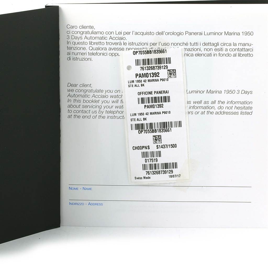 The image shows the instruction booklet and warranty card for a Panerai Luminor PAM01392 Men
s Stainless Steel Black Dial PAM01392 Men
s Stainless Steel Black Dial model.