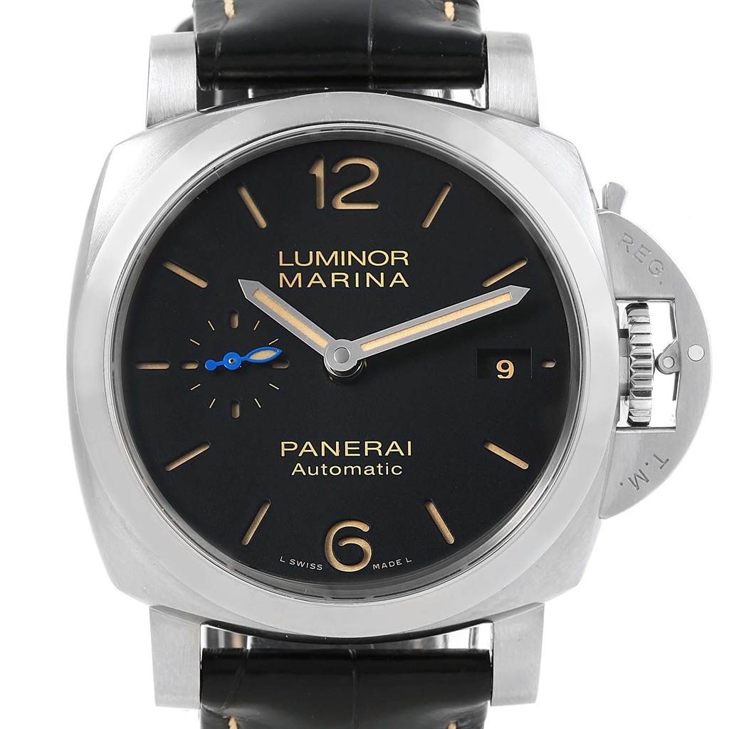 The image shows a front view of the Panerai Luminor PAM01392 Men
s Stainless Steel Black Dial PAM01392 Men
s Stainless Steel Black Dial Marina watch, highlighting the dial, hands, date window, and crown guard.