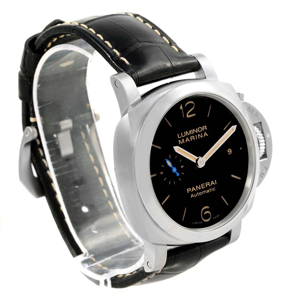 The Panerai Luminor PAM01392 Men
s Stainless Steel Black Dial PAM01392 Men
s Stainless Steel Black Dial model watch is shown at an angle highlighting its black leather strap, round dial, and crown guard.