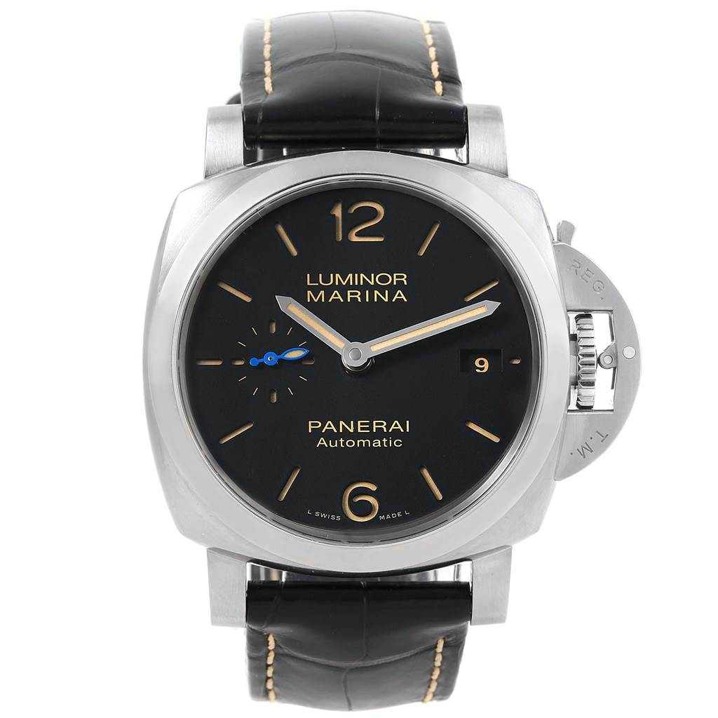 This is a front view of the Panerai Luminor PAM01392 Men
s Stainless Steel Black Dial PAM01392 Men
s Stainless Steel Black Dial watch, showing the dial, hands, date, and crown guard.