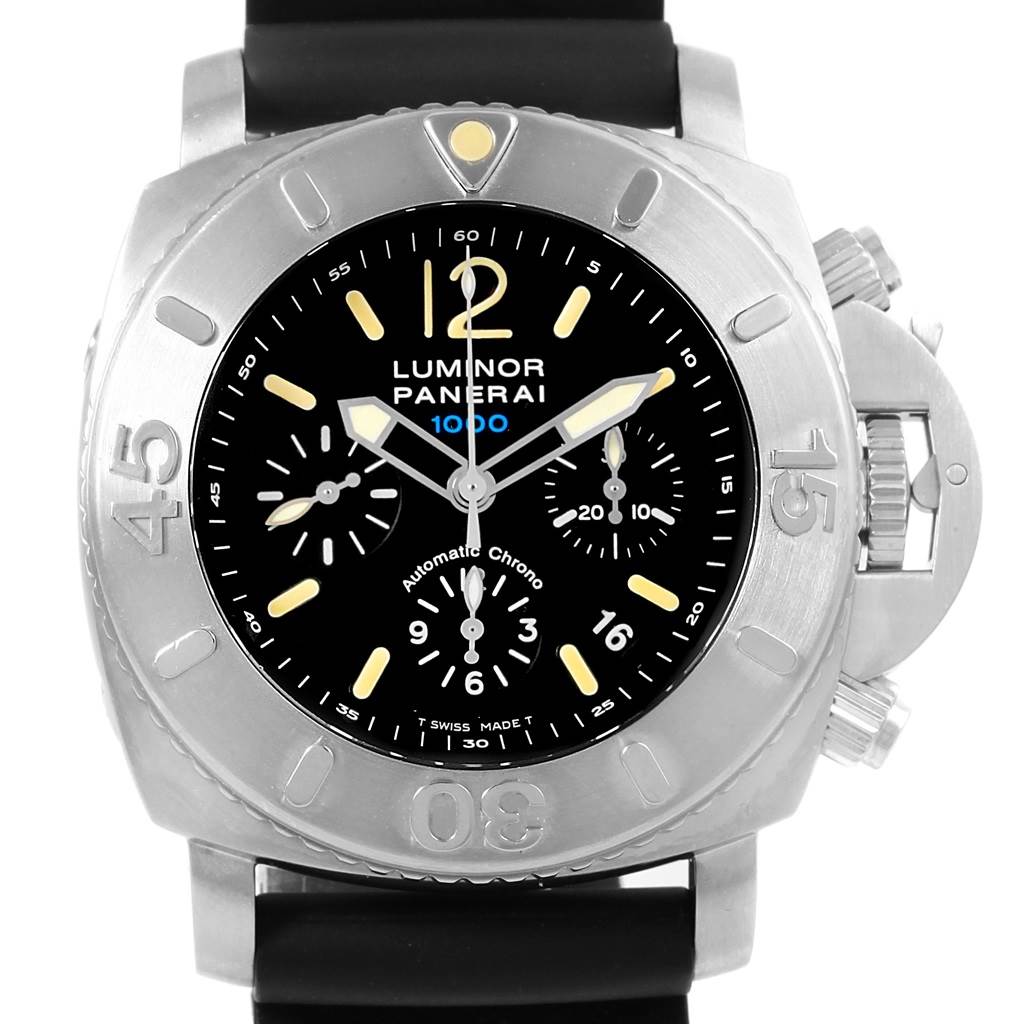 The image shows a front view of a Panerai Submersible PAM187 Men's Stainless Steel Black Dial PAM187 Men's Stainless Steel Black Dial model watch, detailing its bezel, dial, hands, and crown guard.