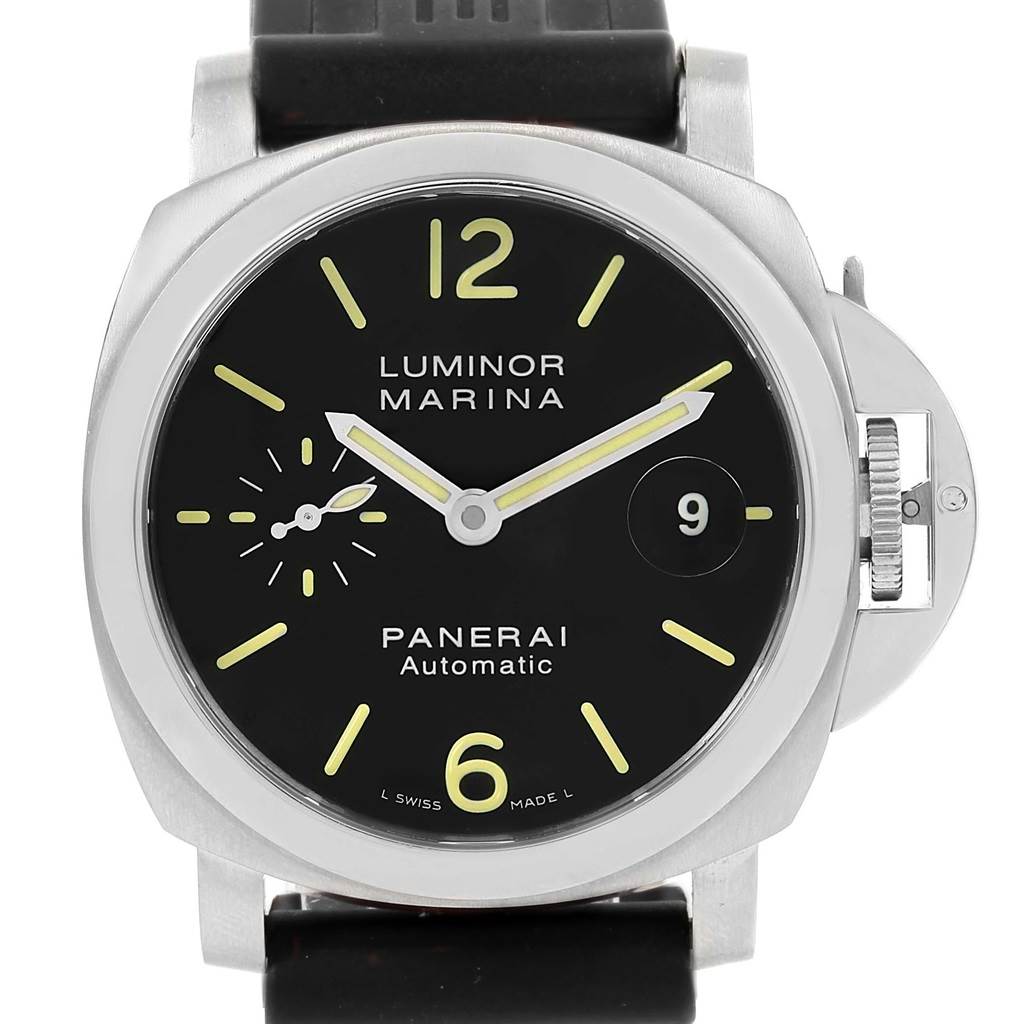 The image shows a front view of the Panerai Luminor PAM00104 Men's Stainless Steel Black Dial PAM00104 Men's Stainless Steel Black Dial Marina watch, highlighting its face, dial, and crown-protecting device.