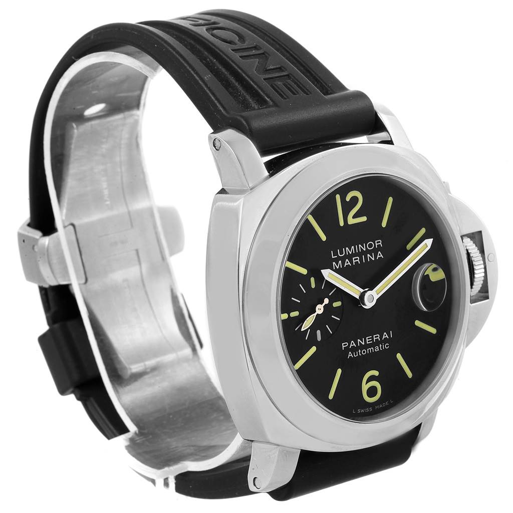 The Panerai Luminor PAM00104 Men's Stainless Steel Black Dial PAM00104 Men's Stainless Steel Black Dial watch is shown at an angle displaying its black dial, silver casing, and black rubber strap.