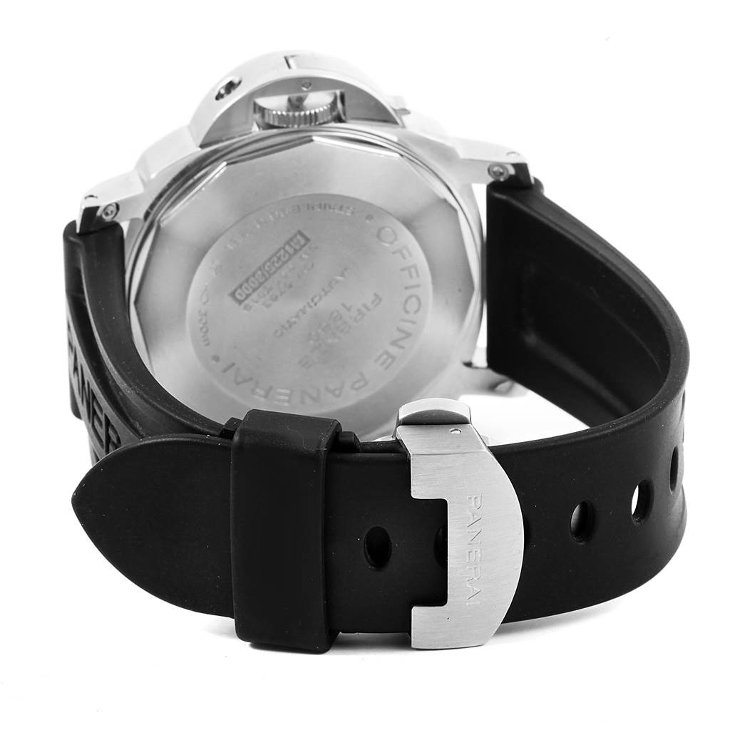 This Luminor Panerai watch is shown from the back, highlighting its case back, crown, and black rubber strap with the Panerai buckle.