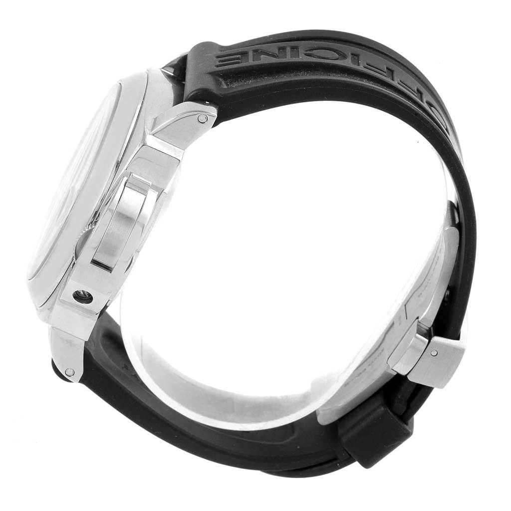 The image shows a side profile of the Panerai Luminor PAM00104 Men's Stainless Steel Black Dial PAM00104 Men's Stainless Steel Black Dial watch, highlighting the case, crown guard, and black rubber strap.