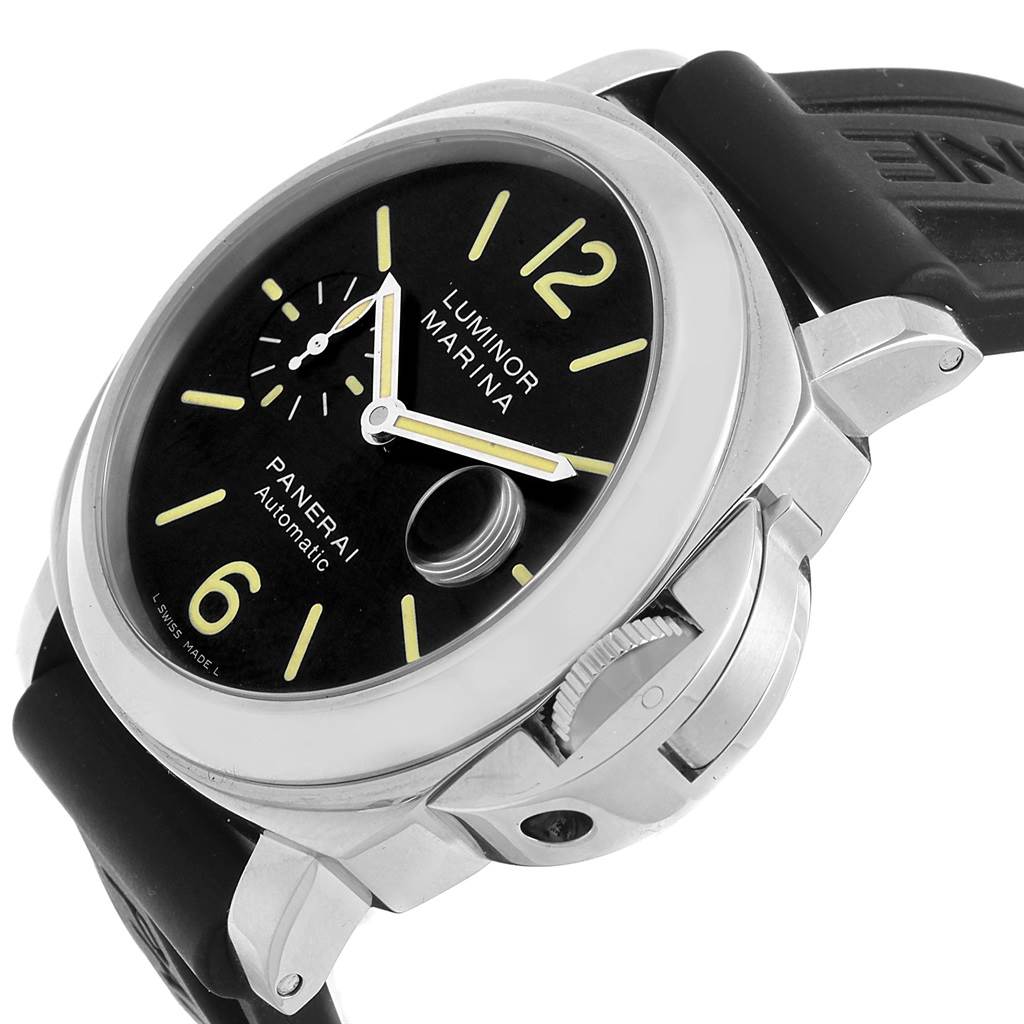 This image shows a Panerai Luminor PAM00104 Men's Stainless Steel Black Dial PAM00104 Men's Stainless Steel Black Dial watch from an angled view, highlighting its dial, crown guard, and rubber strap.