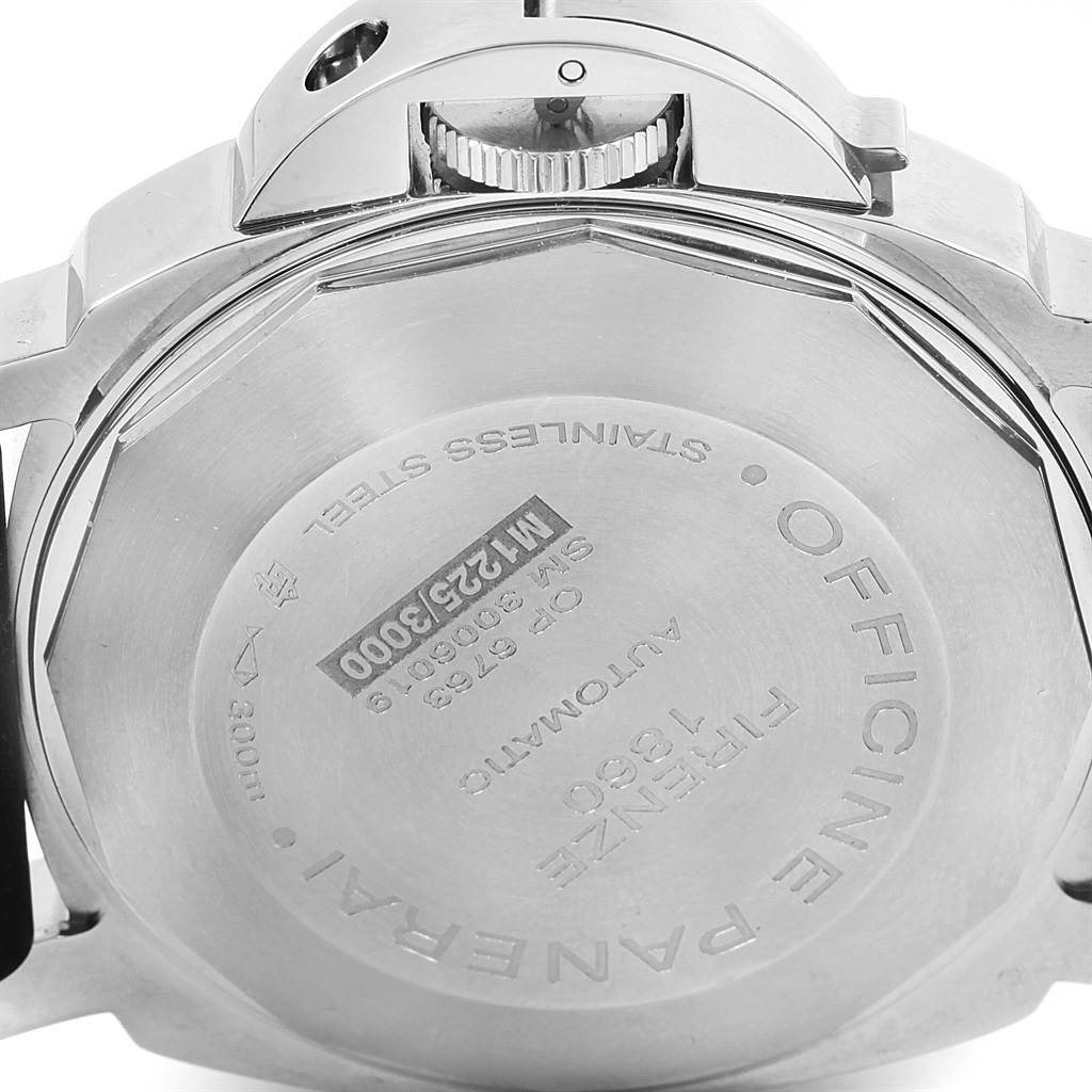 This image shows the case back and crown guard of a Panerai Luminor PAM00104 Men's Stainless Steel Black Dial PAM00104 Men's Stainless Steel Black Dial watch from a bottom angle.