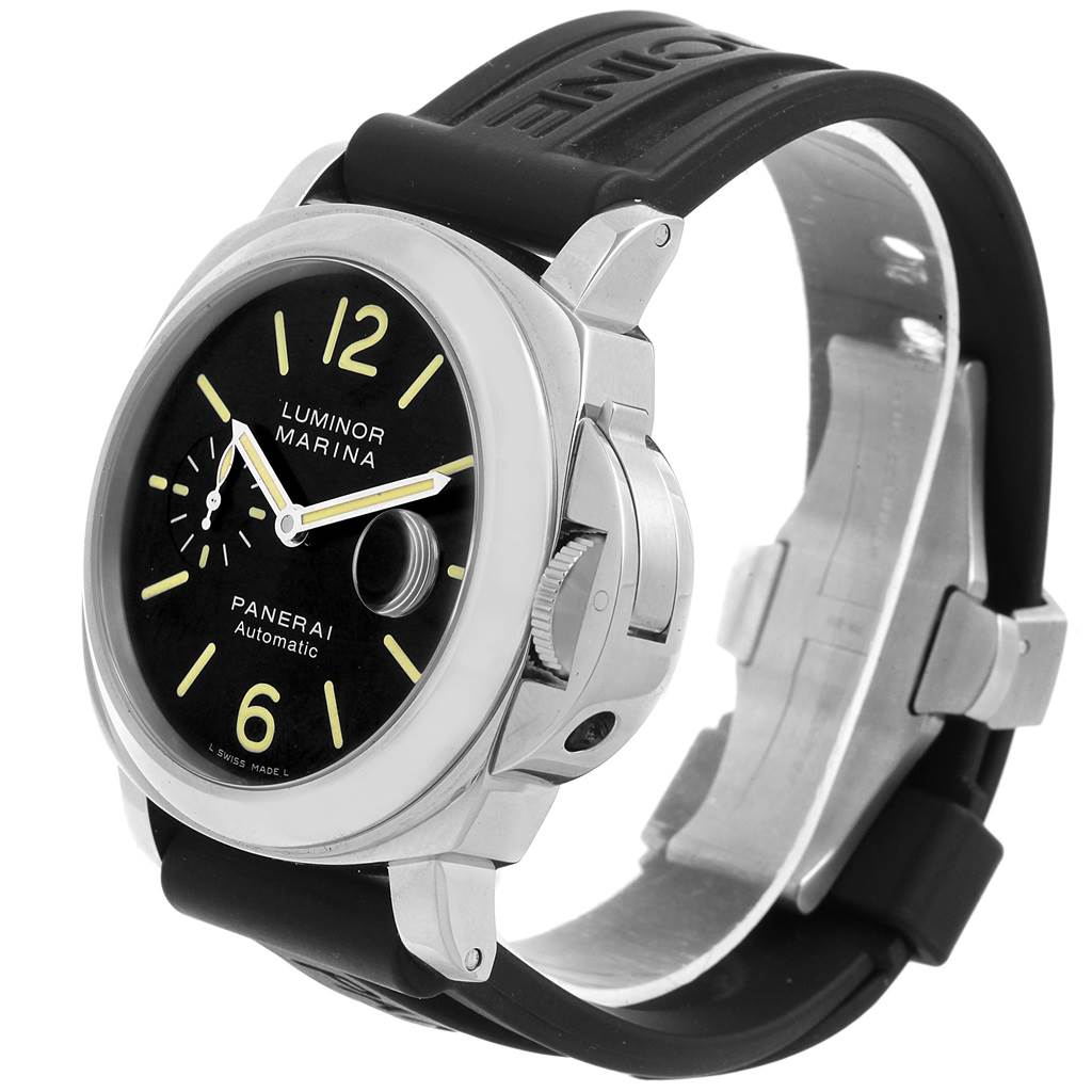 This image shows a Panerai Luminor PAM00104 Men's Stainless Steel Black Dial PAM00104 Men's Stainless Steel Black Dial watch at a three-quarter angle, highlighting its dial, crown guard, and rubber strap.
