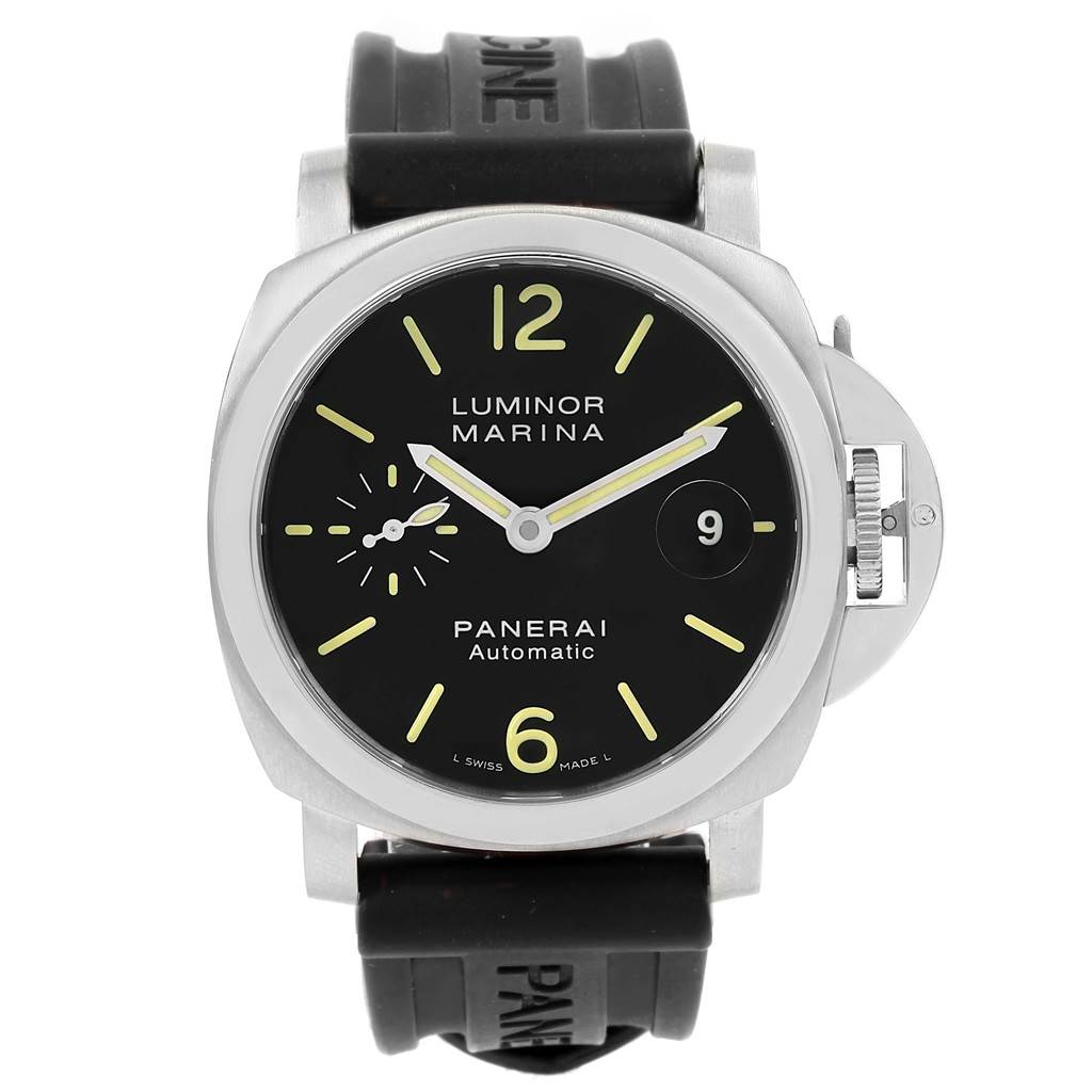 The image shows a front view of the Panerai Luminor PAM00104 Men's Stainless Steel Black Dial PAM00104 Men's Stainless Steel Black Dial Marina watch, highlighting its dial, hands, and strap.