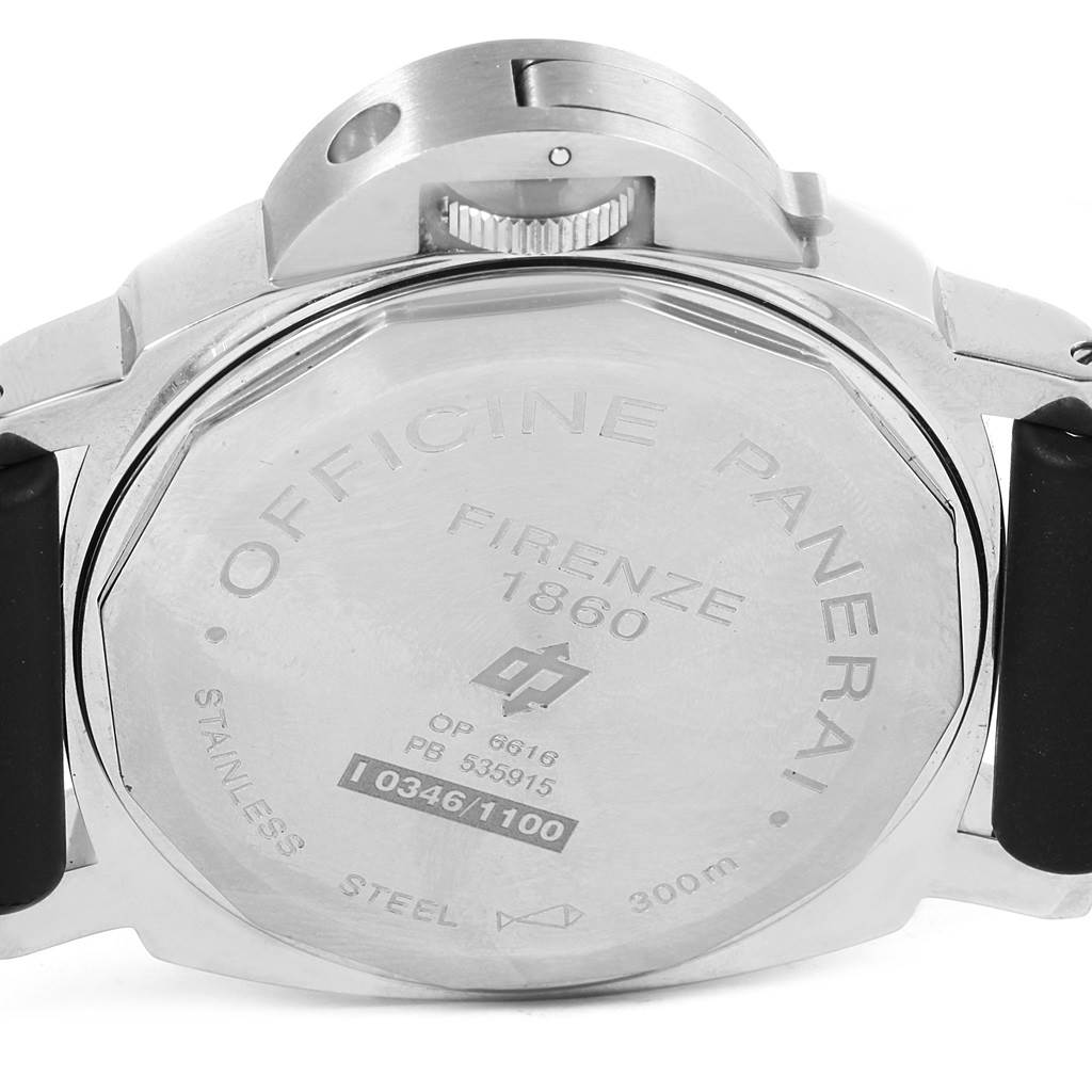 The image shows the back case and crown guard of a Panerai Luminor PAM00000 Men's Stainless Steel Black Dial PAM00000 Men's Stainless Steel Black Dial watch.