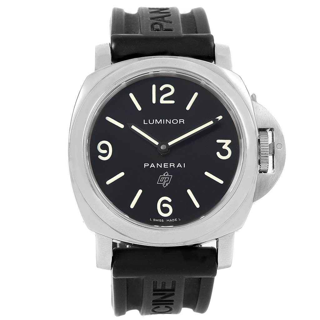 This image shows a front view of a Panerai Luminor PAM00000 Men's Stainless Steel Black Dial PAM00000 Men's Stainless Steel Black Dial watch, displaying the dial, case, and strap.