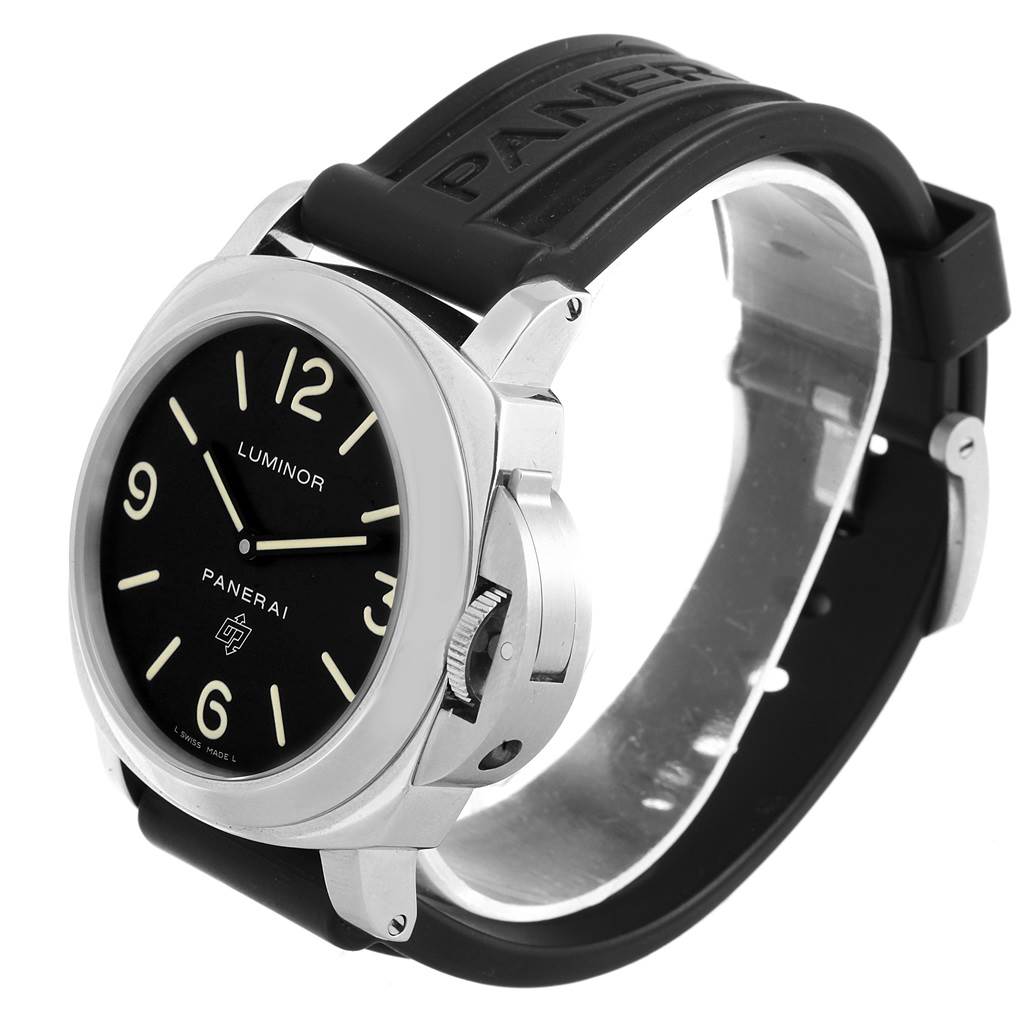 The image shows a Panerai Luminor PAM00000 Men's Stainless Steel Black Dial PAM00000 Men's Stainless Steel Black Dial watch at an angled side view, highlighting the dial, case, and rubber strap.