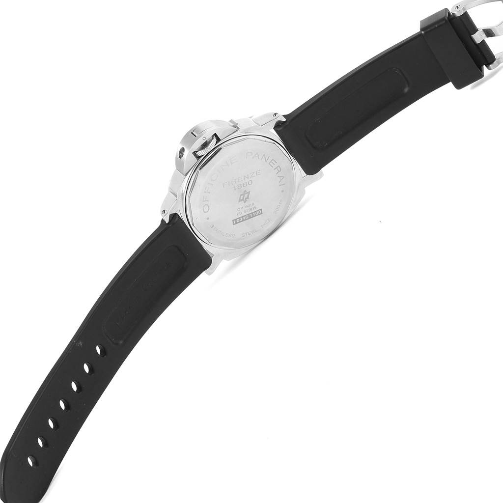 The image shows the back view of a Panerai Luminor PAM00000 Men's Stainless Steel Black Dial PAM00000 Men's Stainless Steel Black Dial watch, highlighting the case back and rubber strap.