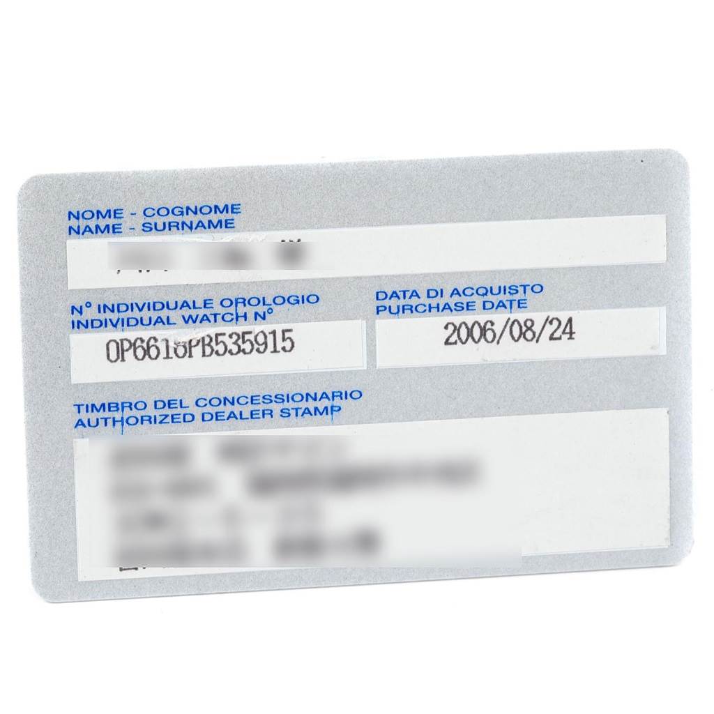 The image shows the warranty card for a Panerai Luminor PAM00000 Men's Stainless Steel Black Dial PAM00000 Men's Stainless Steel Black Dial watch, including the purchase date and individual watch number.