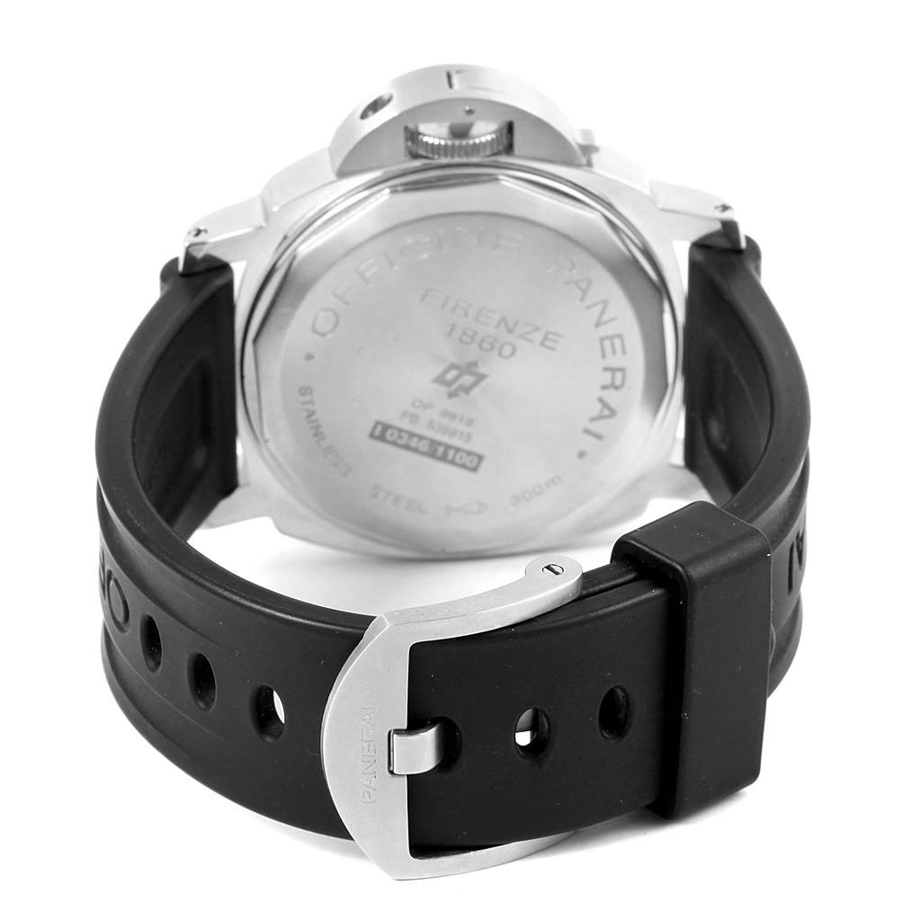 The image shows the back view of a Panerai Luminor PAM00000 Men's Stainless Steel Black Dial PAM00000 Men's Stainless Steel Black Dial watch, highlighting its case back and black rubber strap with a buckle.