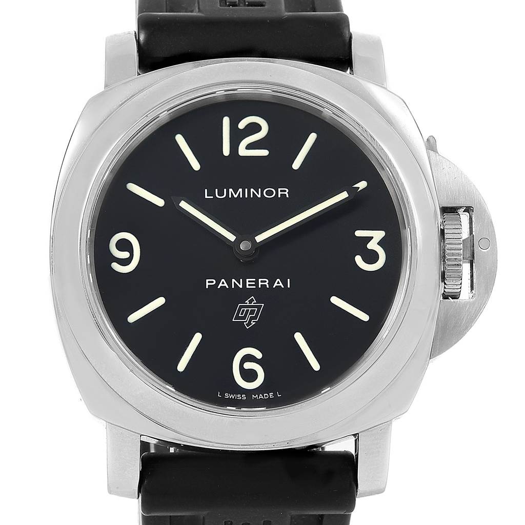 This image shows a front view of the Panerai Luminor PAM00000 Men's Stainless Steel Black Dial PAM00000 Men's Stainless Steel Black Dial watch, displaying its dial, casing, and crown guard.