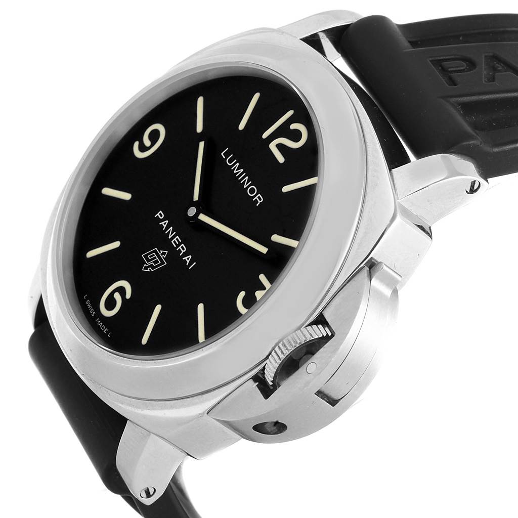 The image shows a Panerai Luminor PAM00000 Men's Stainless Steel Black Dial PAM00000 Men's Stainless Steel Black Dial watch angled to display the dial, crown guard, and rubber strap.
