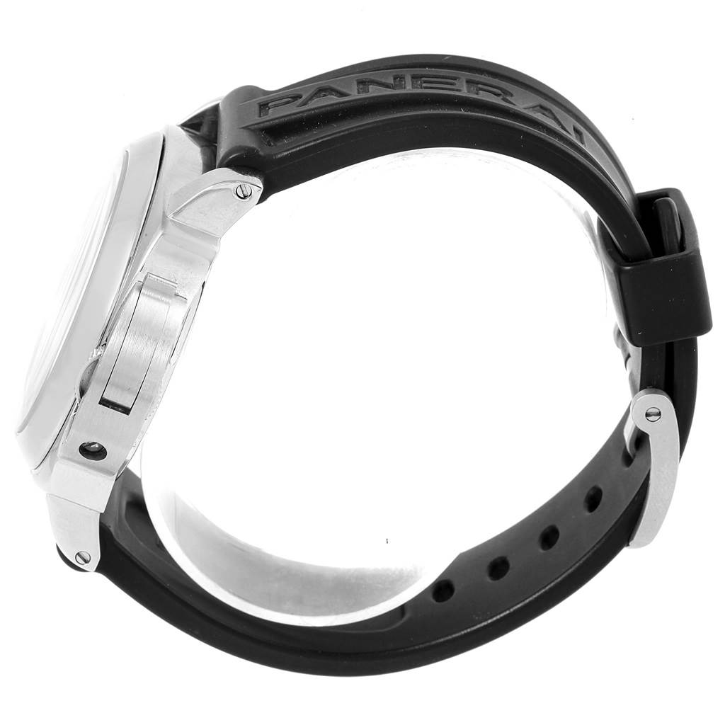 This image shows the side profile of a Panerai Luminor PAM00000 Men's Stainless Steel Black Dial PAM00000 Men's Stainless Steel Black Dial watch, highlighting the case and rubber strap with the Panerai logo.