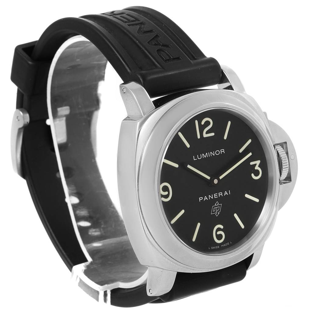 The Panerai Luminor PAM00000 Men's Stainless Steel Black Dial PAM00000 Men's Stainless Steel Black Dial watch is shown at an angle focusing on the face, crown guard, and rubber strap.