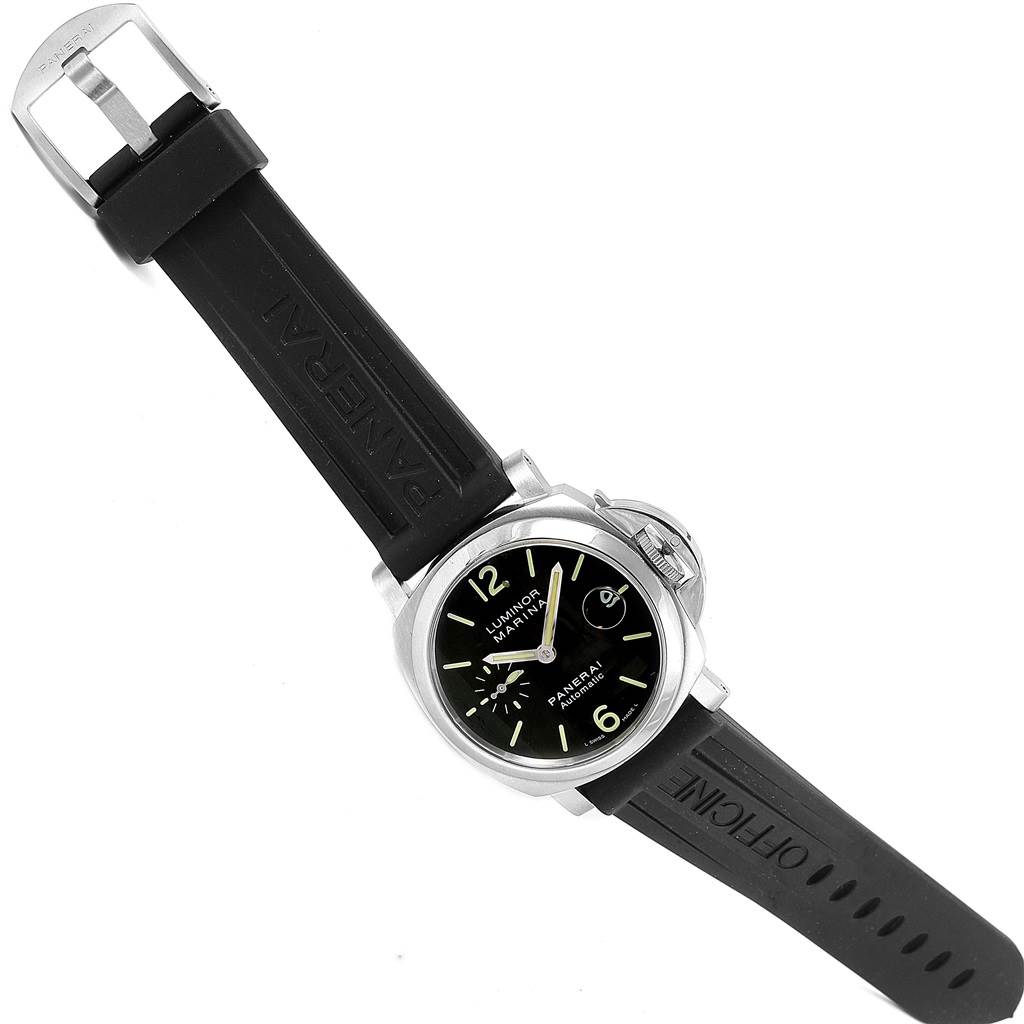 The Panerai Luminor PAM00048 Men's Stainless Steel Black Dial PAM00048 Men's Stainless Steel Black Dial watch is shown at an angle, highlighting its face, bezel, crown, and black rubber strap.