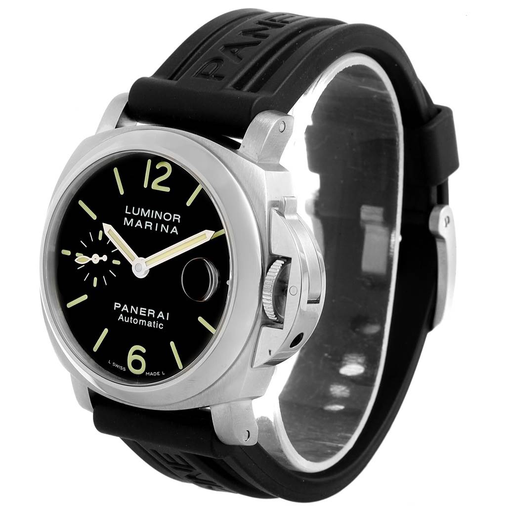 This image shows a front and side view of a Panerai Luminor PAM00048 Men's Stainless Steel Black Dial PAM00048 Men's Stainless Steel Black Dial watch, highlighting its case, crown guard, and strap.