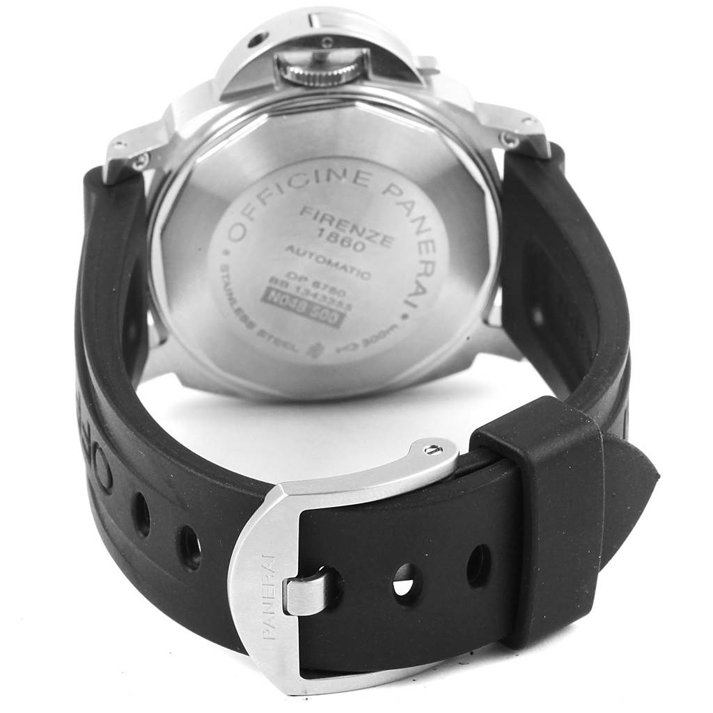The image shows the back side and the strap of a Panerai Luminor PAM00048 Men's Stainless Steel Black Dial PAM00048 Men's Stainless Steel Black Dial watch, highlighting the case back and buckle.