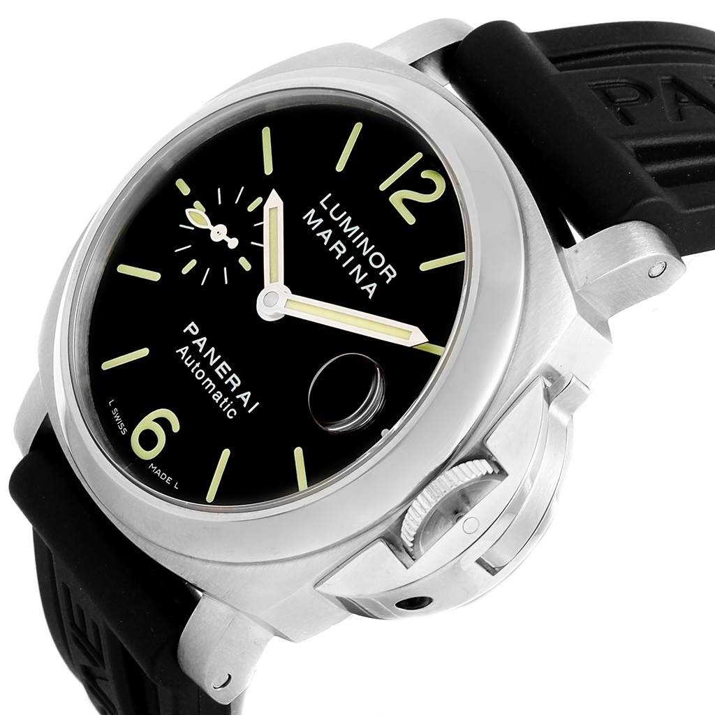 This image shows a Panerai Luminor PAM00048 Men's Stainless Steel Black Dial PAM00048 Men's Stainless Steel Black Dial Marina watch at an angled close-up, highlighting the dial, crown, and strap.