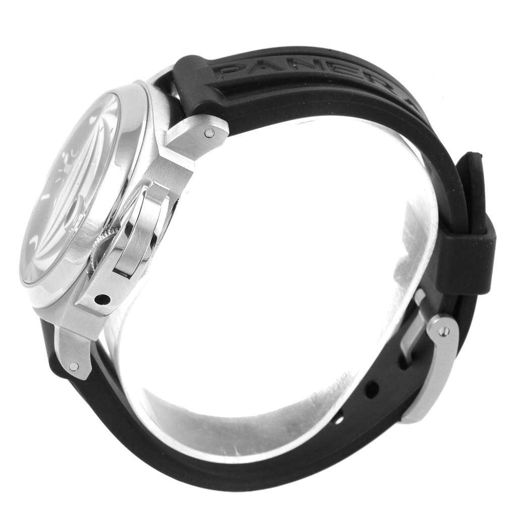The image shows a side angle of a Panerai Luminor PAM00048 Men's Stainless Steel Black Dial PAM00048 Men's Stainless Steel Black Dial watch, highlighting the case, crown guard, and rubber strap.
