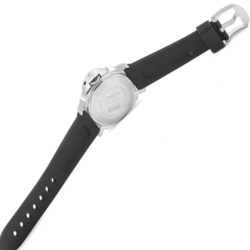 This image shows the back case and black rubber strap of the Panerai Luminor PAM00048 Men's Stainless Steel Black Dial PAM00048 Men's Stainless Steel Black Dial watch at an angle.