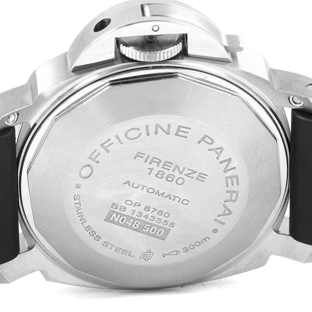 This image shows the case back of a Panerai Luminor PAM00048 Men's Stainless Steel Black Dial PAM00048 Men's Stainless Steel Black Dial watch, highlighting engravings and the crown guard.