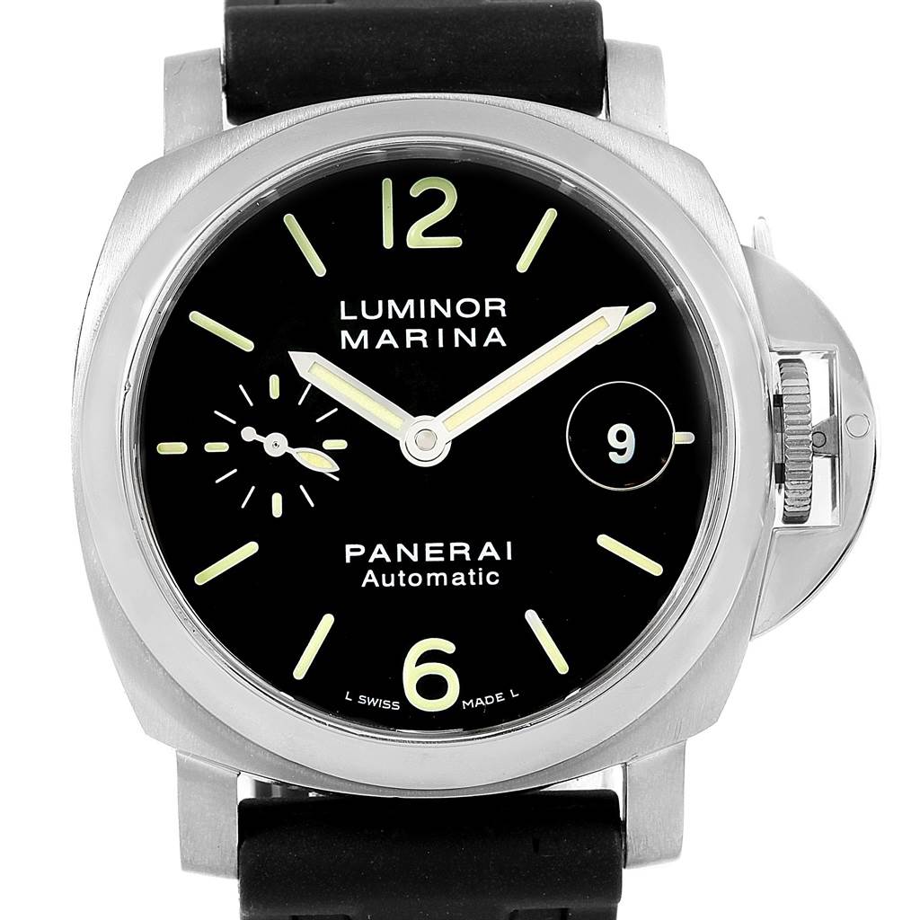 The image shows the front view of a Panerai Luminor PAM00048 Men's Stainless Steel Black Dial PAM00048 Men's Stainless Steel Black Dial Marina watch, highlighting its dial, hands, and crown guard.