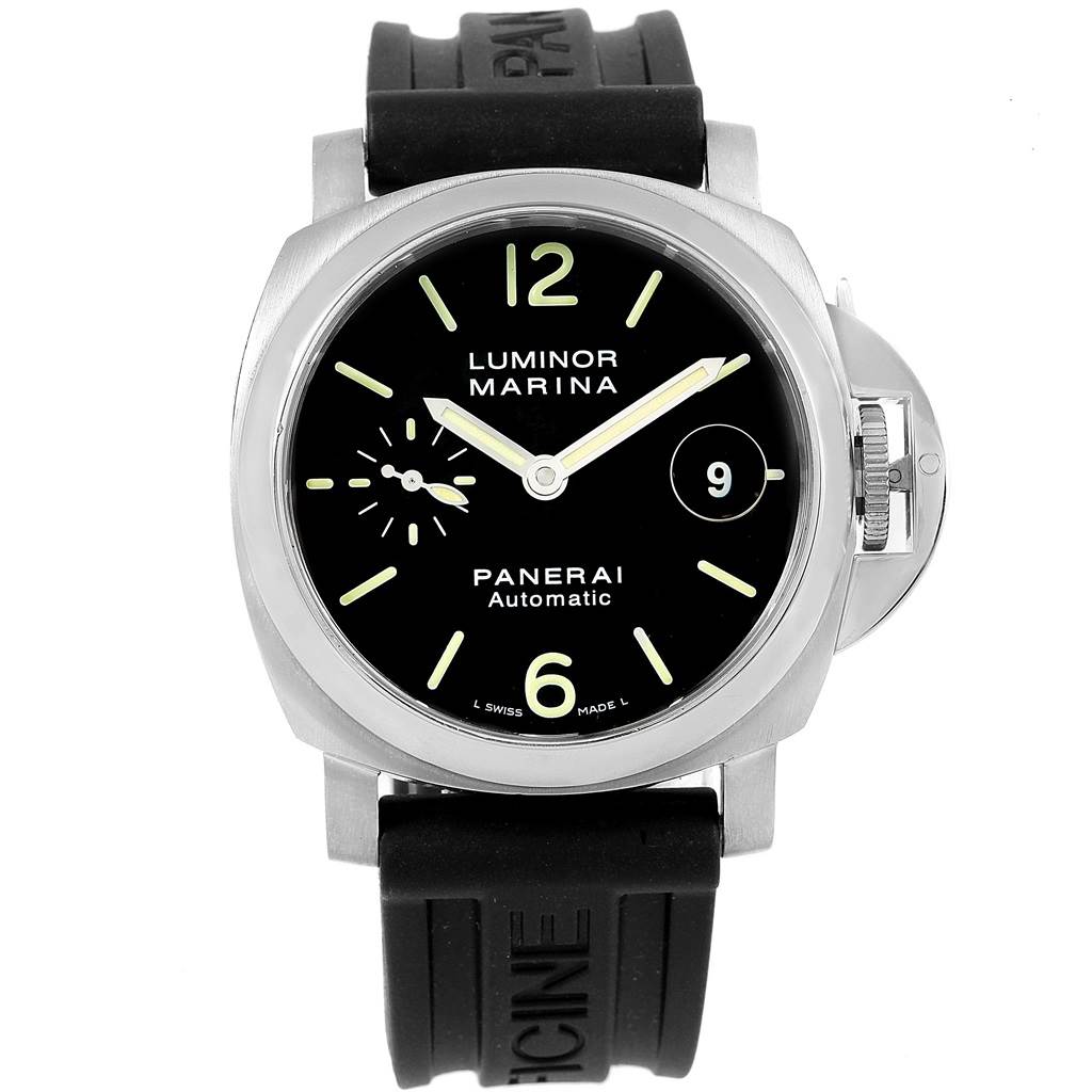 The image shows a front view of a Panerai Luminor PAM00048 Men's Stainless Steel Black Dial PAM00048 Men's Stainless Steel Black Dial Marina watch, featuring its dial, case, and rubber strap.