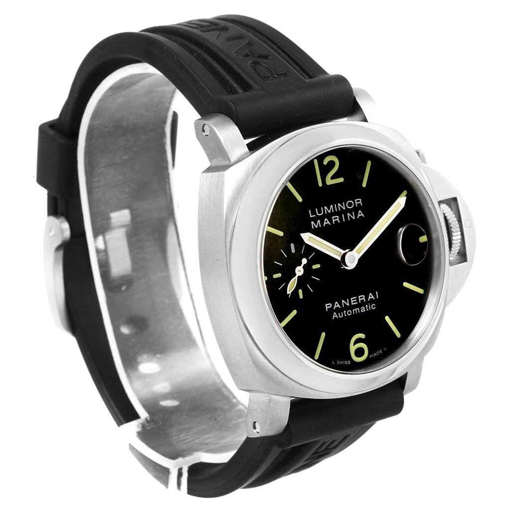 The image shows a Panerai Luminor PAM00048 Men's Stainless Steel Black Dial PAM00048 Men's Stainless Steel Black Dial Marina watch at a front-left angle, highlighting the dial and rubber strap.
