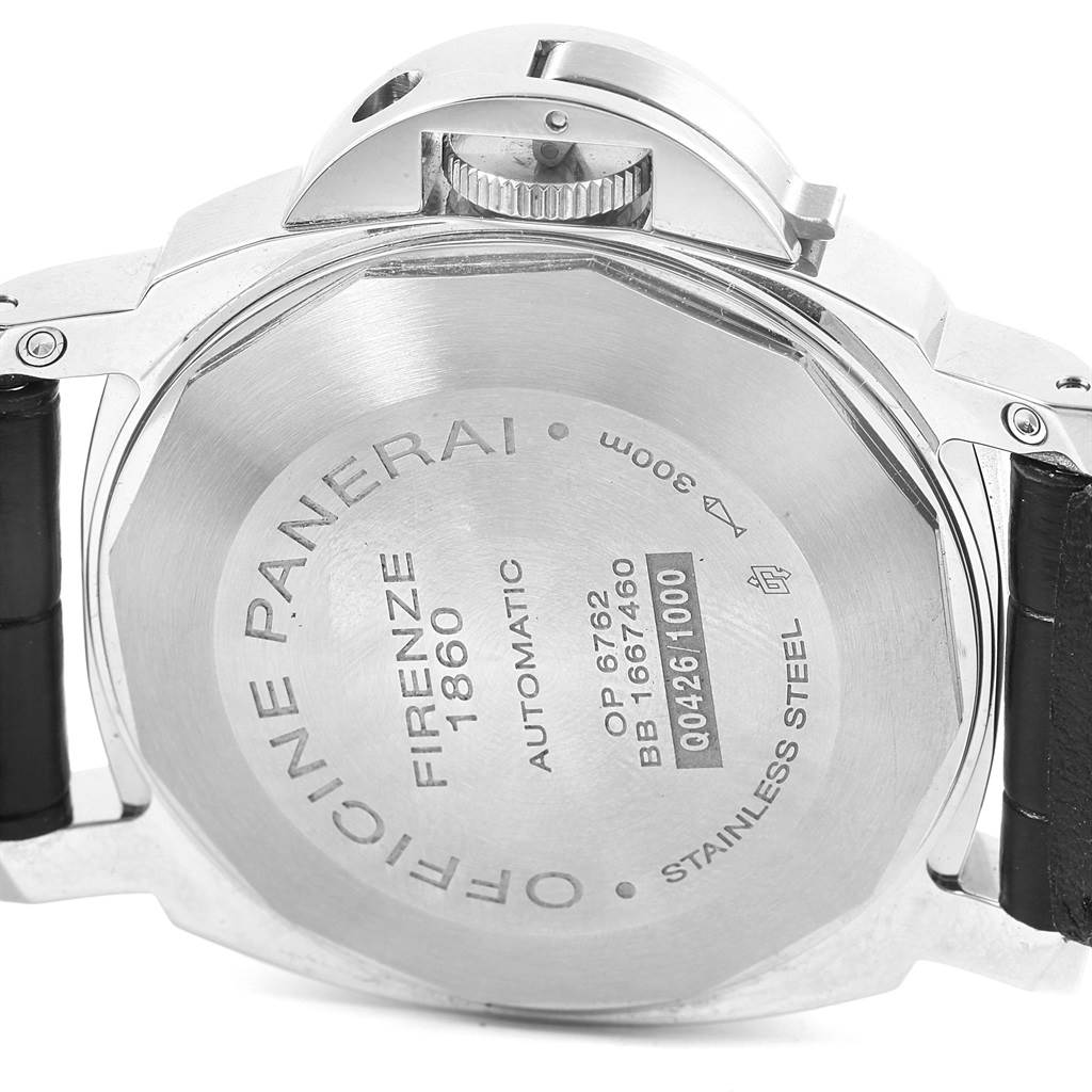 The image shows the back of the Panerai Luminor PAM00090 Men's Stainless Steel Black Dial PAM00090 Men's Stainless Steel Black Dial watch, highlighting the stainless steel case, engravings, and leather strap attachments.