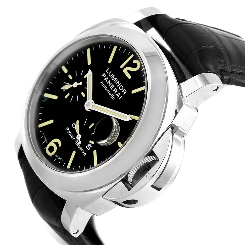 The image shows a Panerai Luminor PAM00090 Men's Stainless Steel Black Dial PAM00090 Men's Stainless Steel Black Dial watch at a three-quarter angle, displaying the face, crown guard, and part of the leather strap.