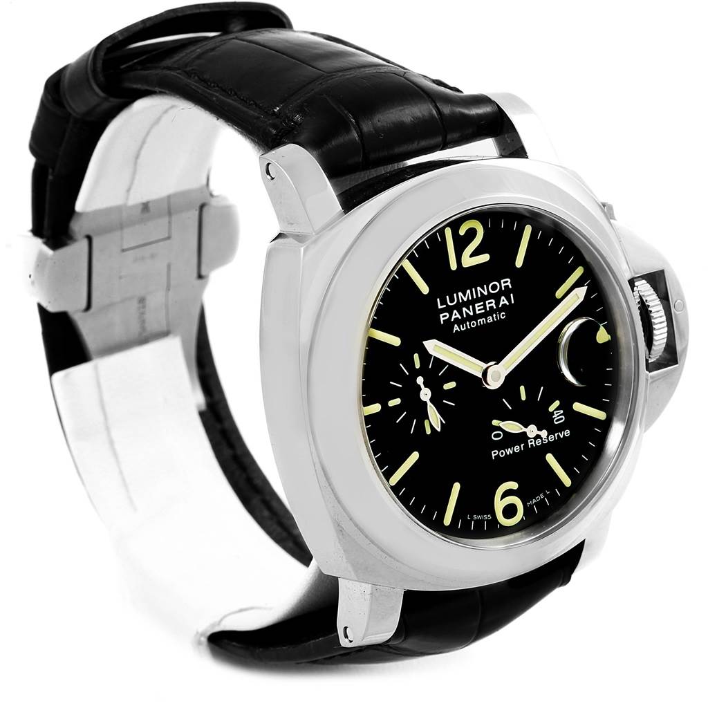 The image shows a Panerai Luminor PAM00090 Men's Stainless Steel Black Dial PAM00090 Men's Stainless Steel Black Dial watch at a three-quarter angle, highlighting the dial, crown guard, and leather strap.