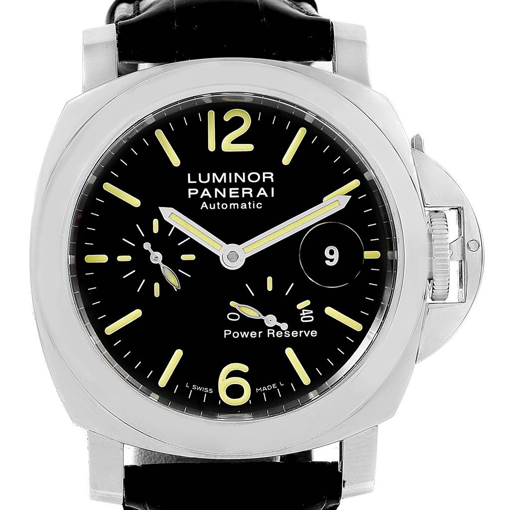 The image shows a Panerai Luminor PAM00090 Men's Stainless Steel Black Dial PAM00090 Men's Stainless Steel Black Dial watch from the front, highlighting its dial, hands, and power reserve indicator.