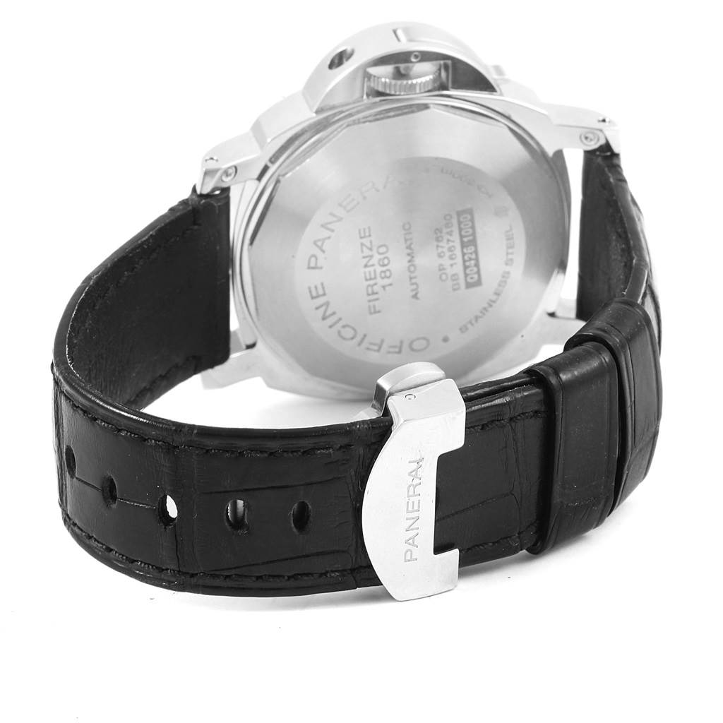 The image shows the back view of the Panerai Luminor PAM00090 Men's Stainless Steel Black Dial PAM00090 Men's Stainless Steel Black Dial watch, highlighting the case back and the leather strap with a buckle.