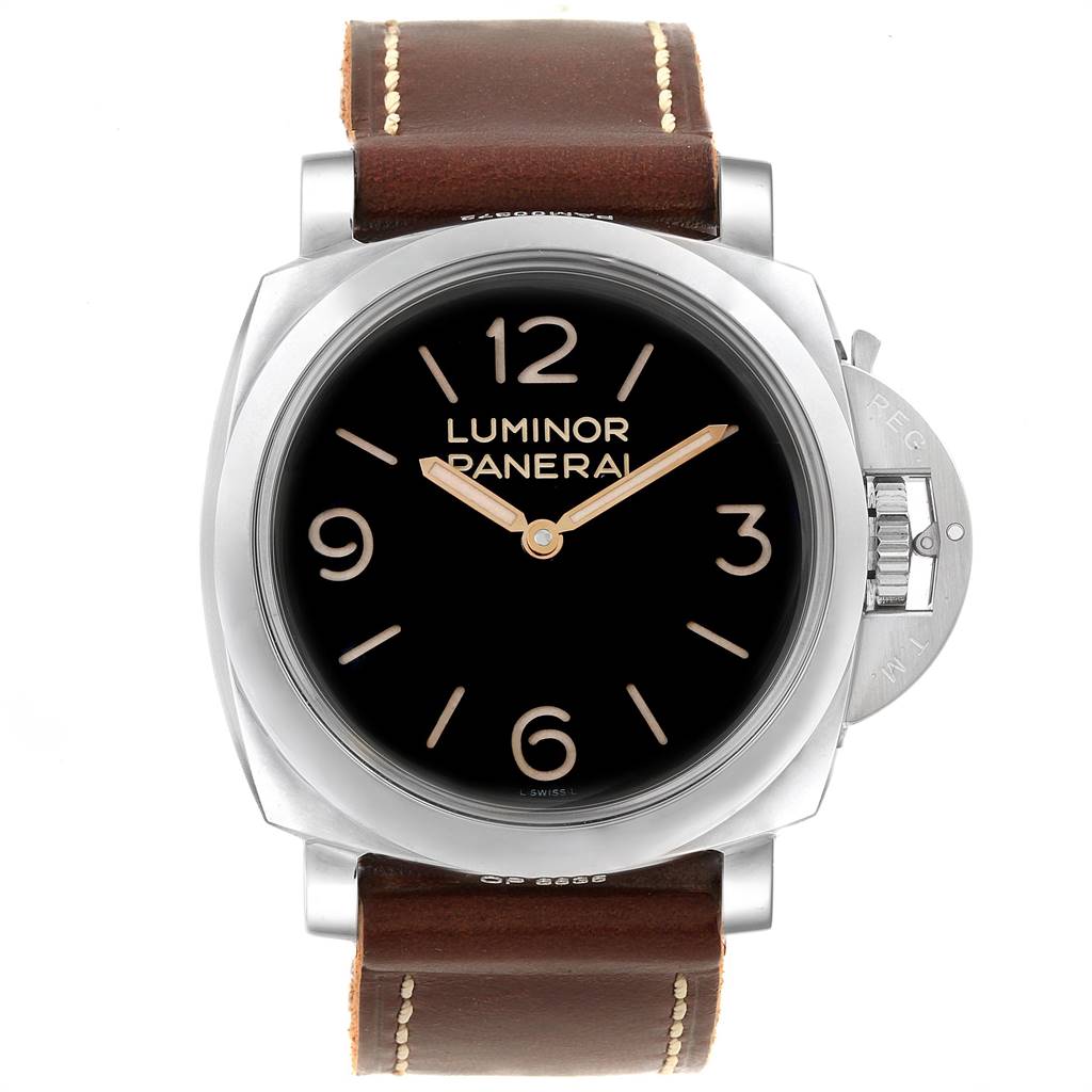 This is a front view of a Panerai Luminor PAM00372 Men's Stainless Steel Black Dial PAM00372 Men's Stainless Steel Black Dial watch showing the face, crown, and brown leather strap.