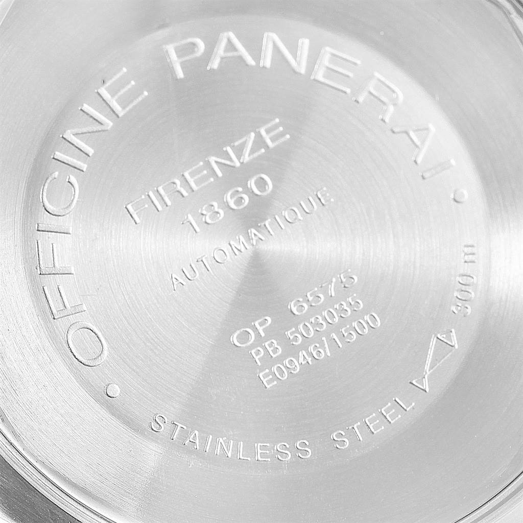 This image shows the back case of a Panerai Luminor PAM00126 Men's Stainless Steel Black Dial PAM00126 Men's Stainless Steel Black Dial watch, highlighting "Officine Panerai," model information, and specifications.