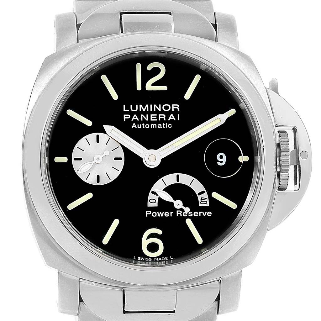 This image shows a front view of the Panerai Luminor PAM00126 Men's Stainless Steel Black Dial PAM00126 Men's Stainless Steel Black Dial model watch, highlighting its dial, hands, and power reserve indicator.