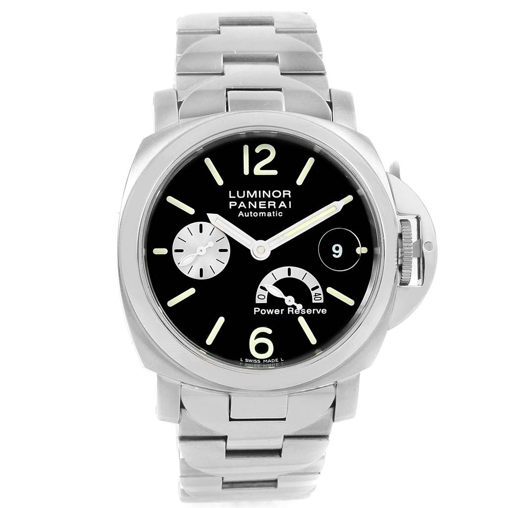 The image shows a front view of a Panerai Luminor PAM00126 Men's Stainless Steel Black Dial PAM00126 Men's Stainless Steel Black Dial watch featuring its face, crown protector, and metal bracelet.